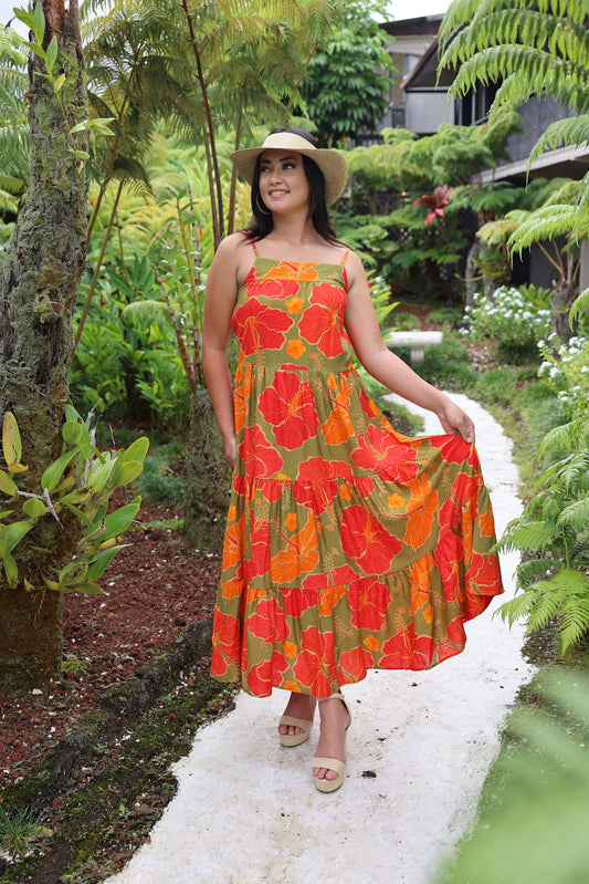 Kelina Dress Red/Green Hibiscus