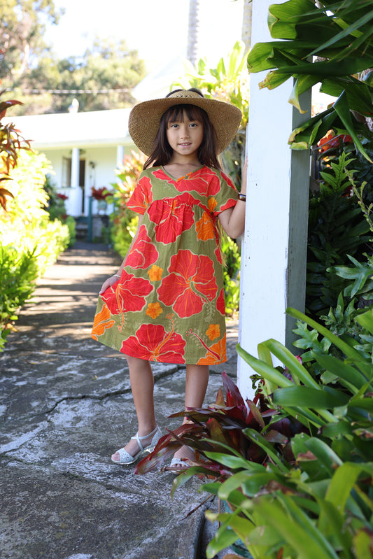 Keikidoll Dress Red/Green Hibiscus