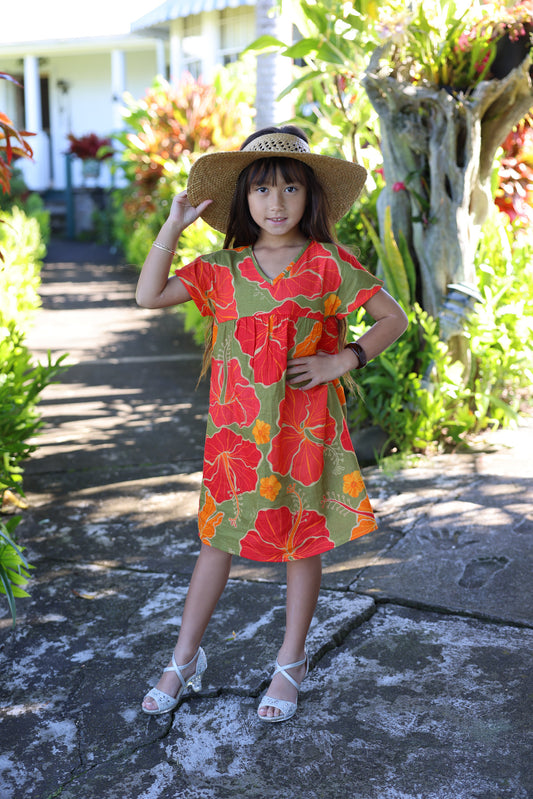 Keikidoll Dress Red/Green Hibiscus